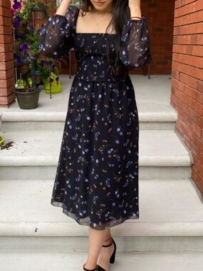 aritzia wilfred tempest midi dress long sleeves navy floral